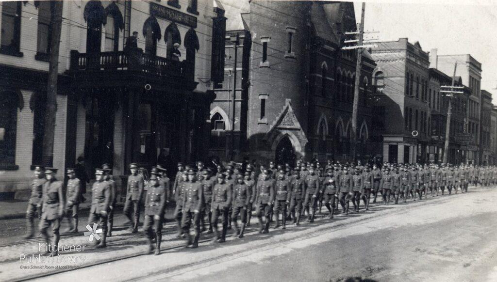 Soldiers marching on King Street, Berlin Ontario in preparation for World War One