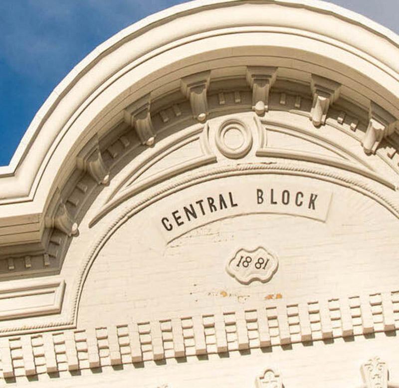 Central Block building in Uptown Waterloo with a date stone of 1881