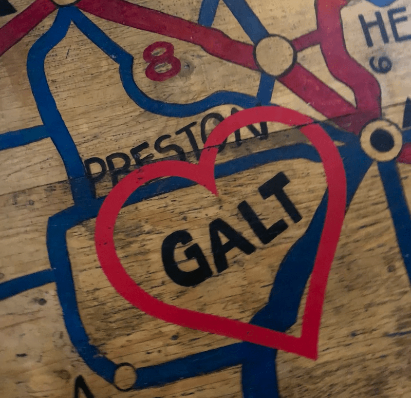 a road map with the word Galt in black and a red heart around it