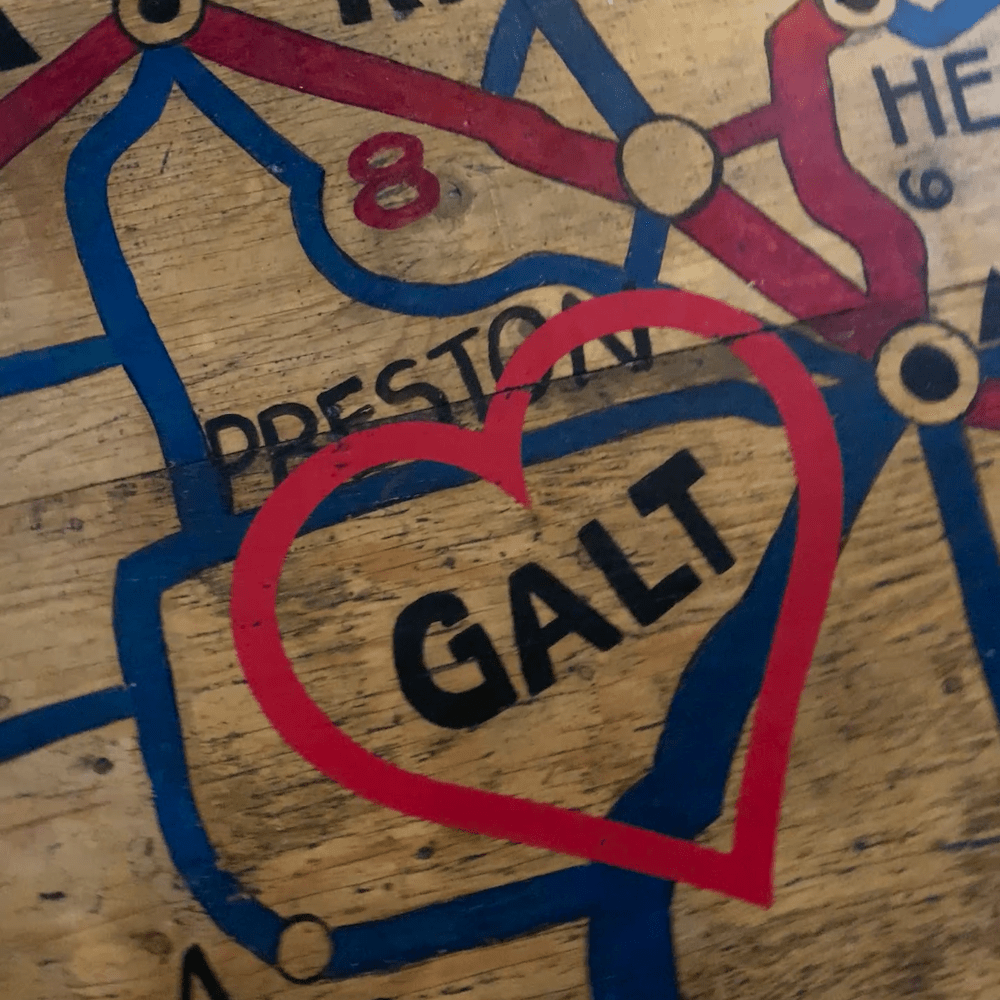 a road map with the word Galt in black and a red heart around it