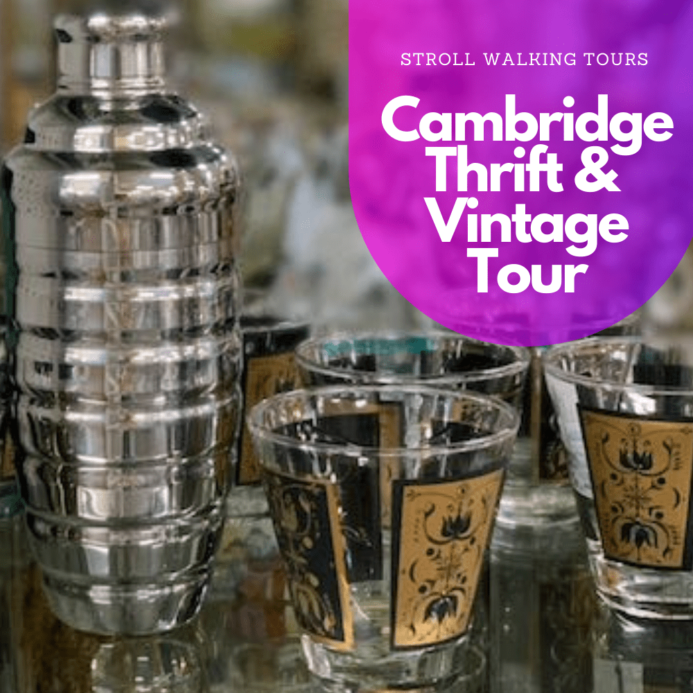 A vintage bar set on a vintage bar cart on the Cambridge thrift & vintage tour