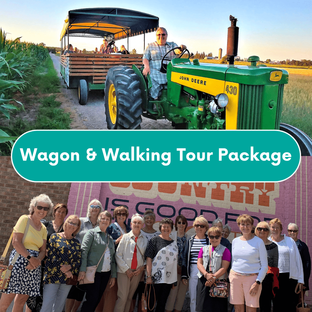 Top image: A Mennonite woman drives a green tractor pulling a wagon full of people on the Elmira Wagon Rides. Bottom image: a group of women pose in front of a mural in the Village of St. Jacobs on the Historic St. Jacobs Stroll Walking Tour.