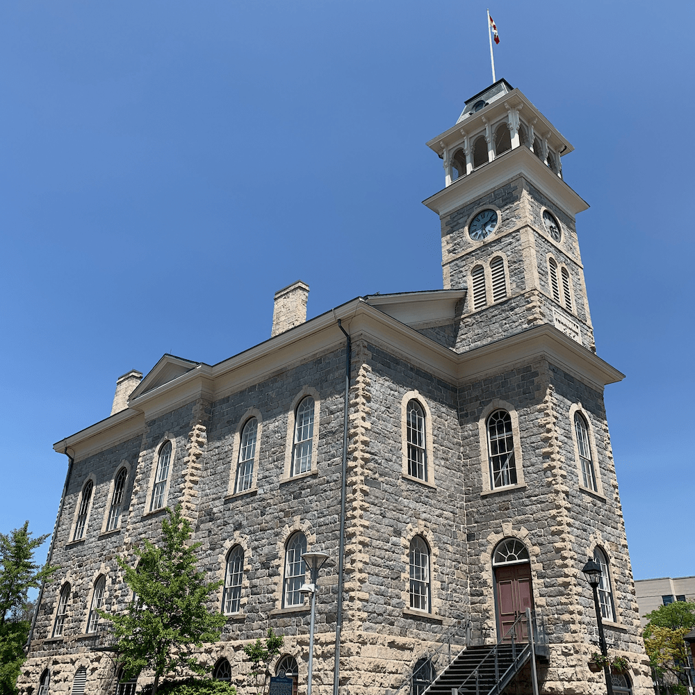 Historic Galt a view of the old stone Galt town hall against a bright blue summer sky.