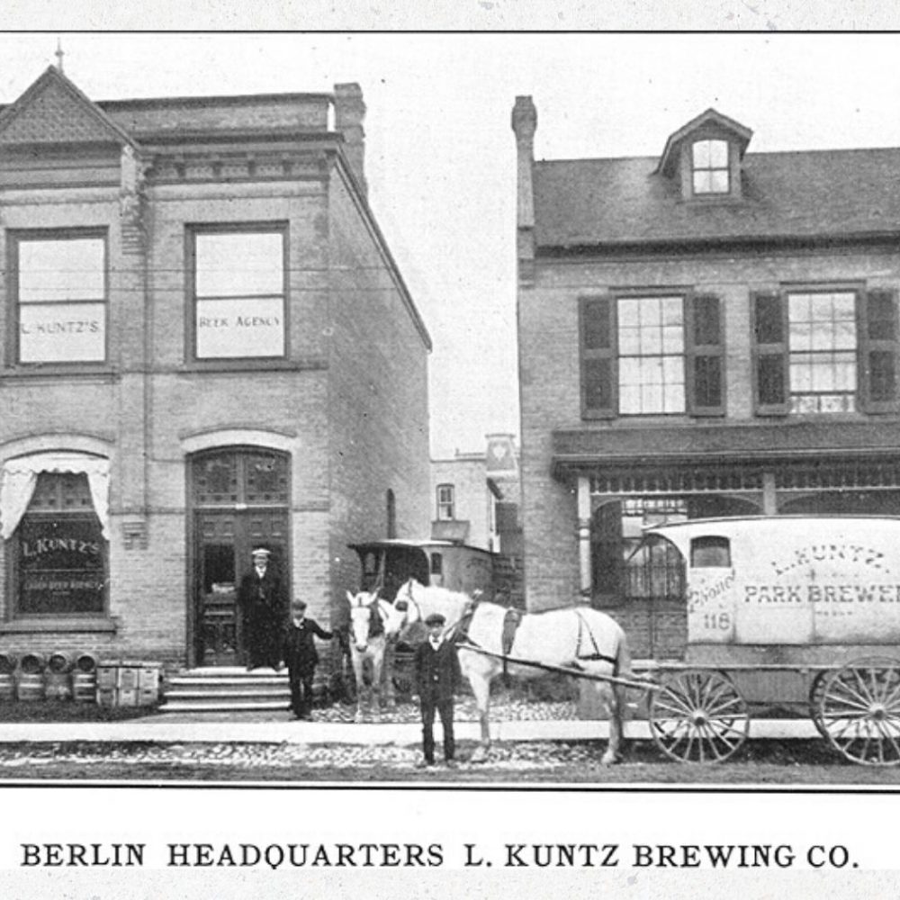 Black & white image of Kuntz Brewery Headquartes, Berlin Ontario