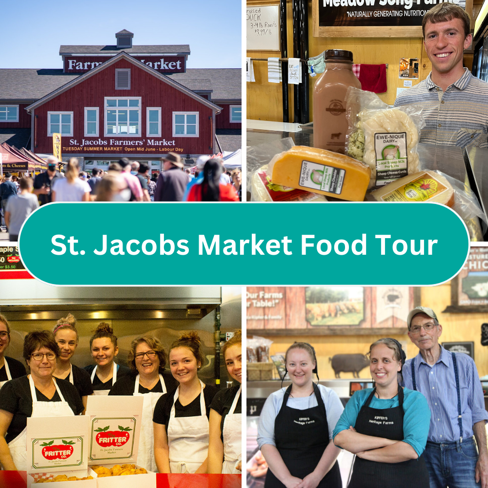 Four small images of food vendors at the St Jacobs Market. Selling cheese, apple fritters and meat.