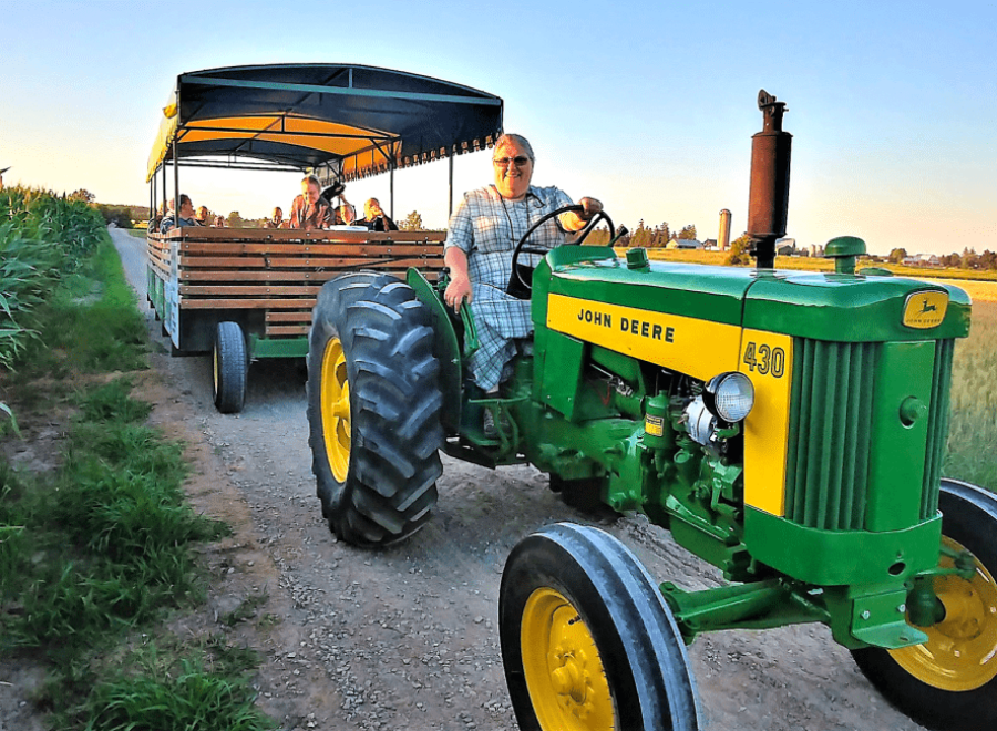 Mennonite woman driving green John Deere tractor for Elmira Wagon Rides