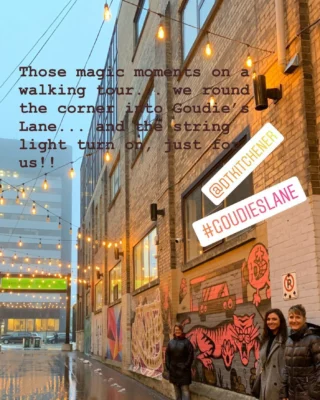 #OTD | On this day, November 25, 2022,  4 years ago…?! Stroll led its 25th walking tour after launching in early September. 

It was a chilly, rainy November afternoon for a DTK Mural Tour with a team from the Centre for Family Medicine. As we rounded the corner into Goudie‘s Lane to visit the mural gallery there, the overhead string lights came on one by one providing the perfect glow for a dreary afternoon! 

#glowup #november #darkby5 #novemberafternoon #muraltour #onthisday #memorylane #dtklove #explorewr